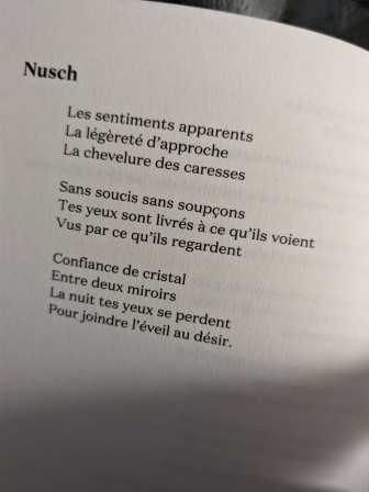 Les sentiments apparents La légèreté d'approche La chevelure des caresses Sans soucis sans soupçons Tes yeux sont livrés à ce qu'ils voient Vus par ce qu'ils regardent Confiance de cristal Entre deux miroirs La nuit tes yeux se perdent Pour joindre l'éveil au désir.