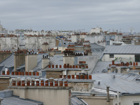 Toits et cheminées parisiens dans un matin à lumière grise.